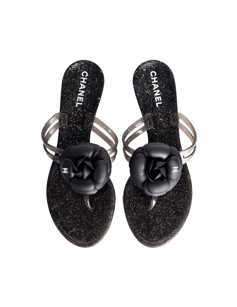 Chanel Vintage Black Silver Glitter Camellia Flower Flip Flop