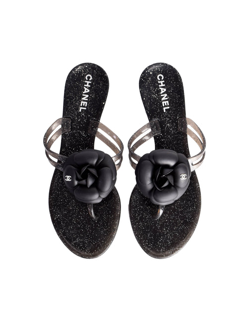 Chanel Vintage Black Silver Glitter Camellia Flower Flip Flop Sandals –  Amarcord Vintage Fashion