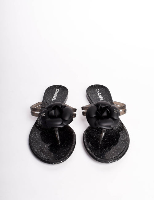 Chanel Vintage Black Silver Glitter Camellia Flower Flip Flop