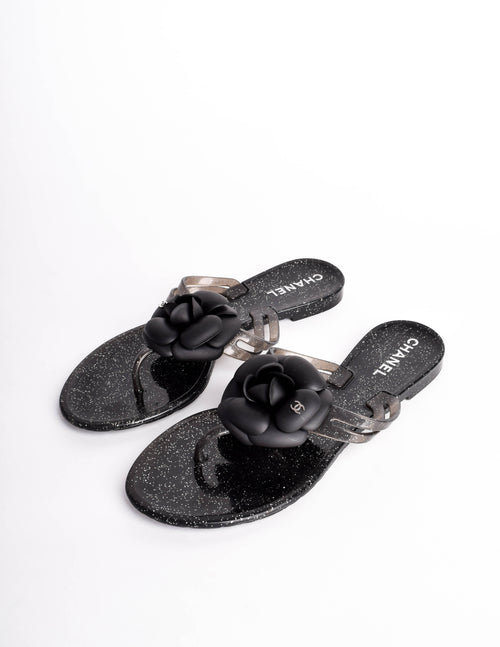 Chanel Brand New Sold Out White CC Black Leather Thong Sandals