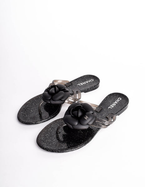 Chanel Vintage Black Silver Glitter Camellia Flower Flip Flop Sandals