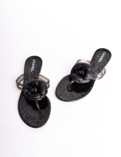 Chanel Vintage Black Silver Glitter Camellia Flower Flip Flop Sandals