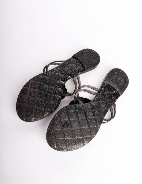 Chanel Vintage Black Silver Glitter Camellia Flower Flip Flop Sandals