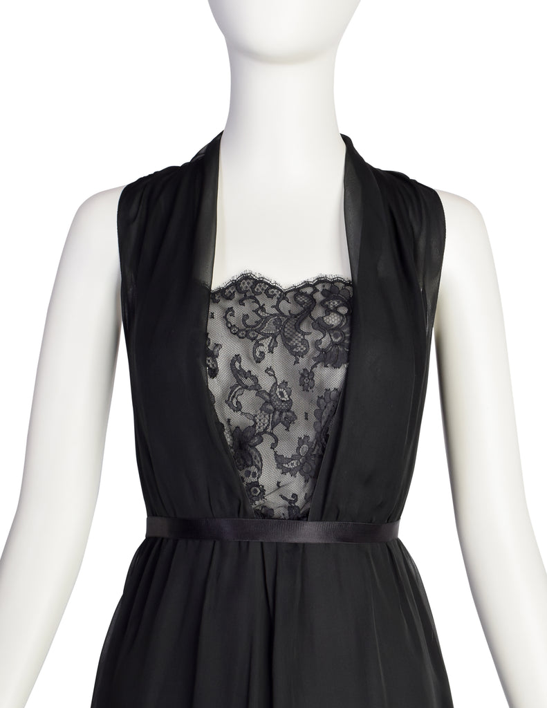 Chanel Vintage 1990s Stunning Black Silk Chiffon and Lace Cocktail