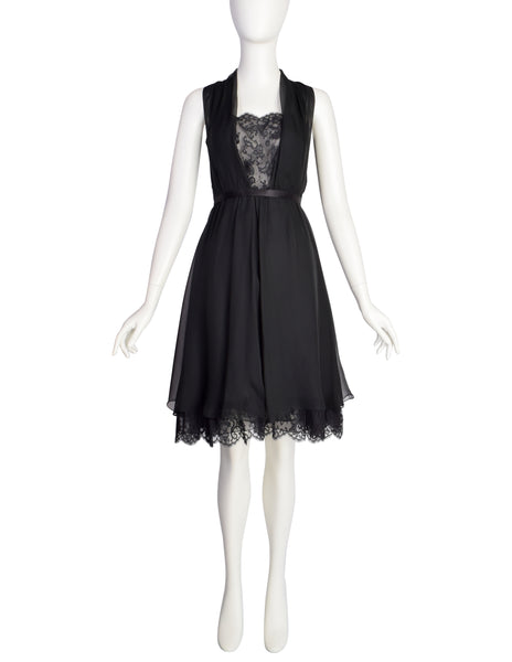 Chanel Vintage 1990s Stunning Black Silk Chiffon and Lace Cocktail Dress