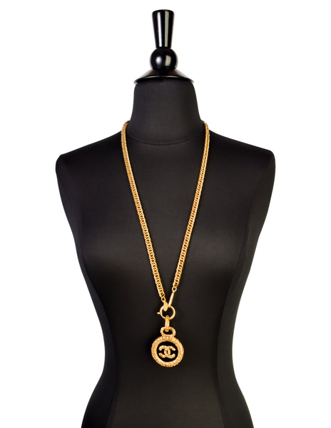 Chanel Vintage Black and Gold Textured CC Logo Pendant Necklace