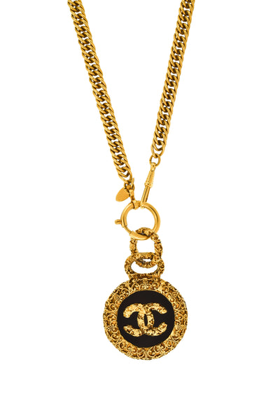 Chanel Vintage Black and Gold Textured CC Logo Pendant Necklace