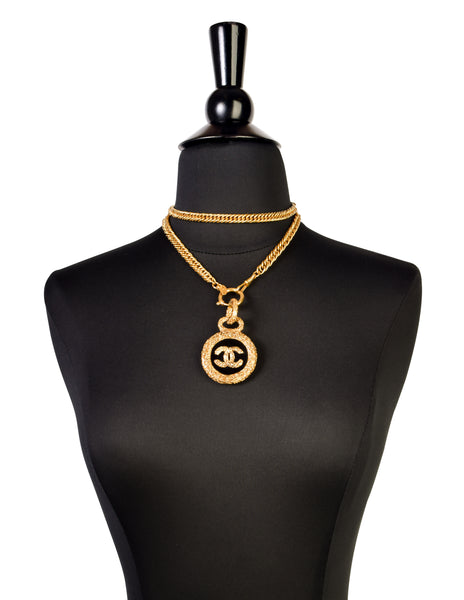 Chanel Vintage Black and Gold Textured CC Logo Pendant Necklace