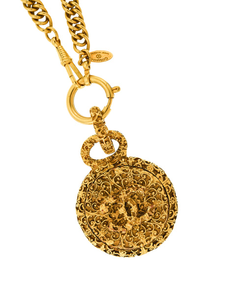 Chanel Vintage Black and Gold Textured CC Logo Pendant Necklace