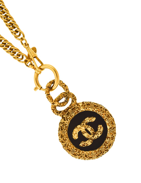 Chanel Vintage Black and Gold Textured CC Logo Pendant Necklace