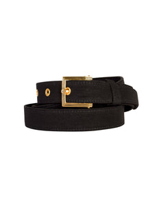 Chanel Vintage 1990s Simple Black Grosgrain Gold Logo Buckle Belt