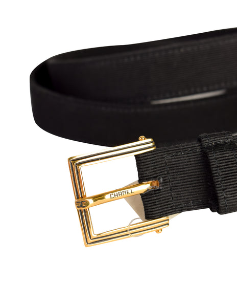 Chanel Vintage 1990s Simple Black Grosgrain Gold Logo Buckle Belt