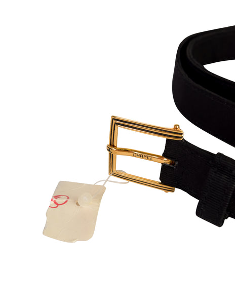 Chanel Vintage 1990s Simple Black Grosgrain Gold Logo Buckle Belt