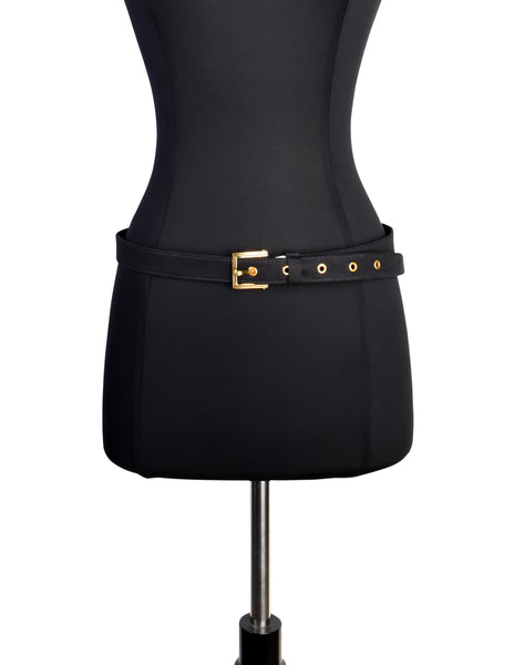 Chanel Vintage 1990s Simple Black Grosgrain Gold Logo Buckle Belt
