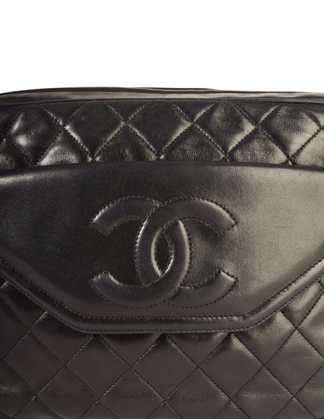 Chanel Vintage Black Matelasse Quilted Lambskin Leather Large CC Logo Tassel Camera Bag