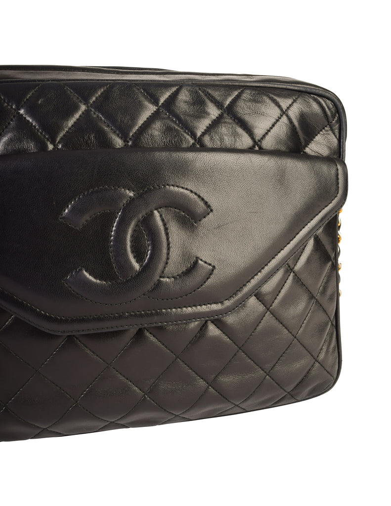Chanel Vintage Black Matelasse Quilted Lambskin Leather Large CC Logo Tassel  Camera Bag
