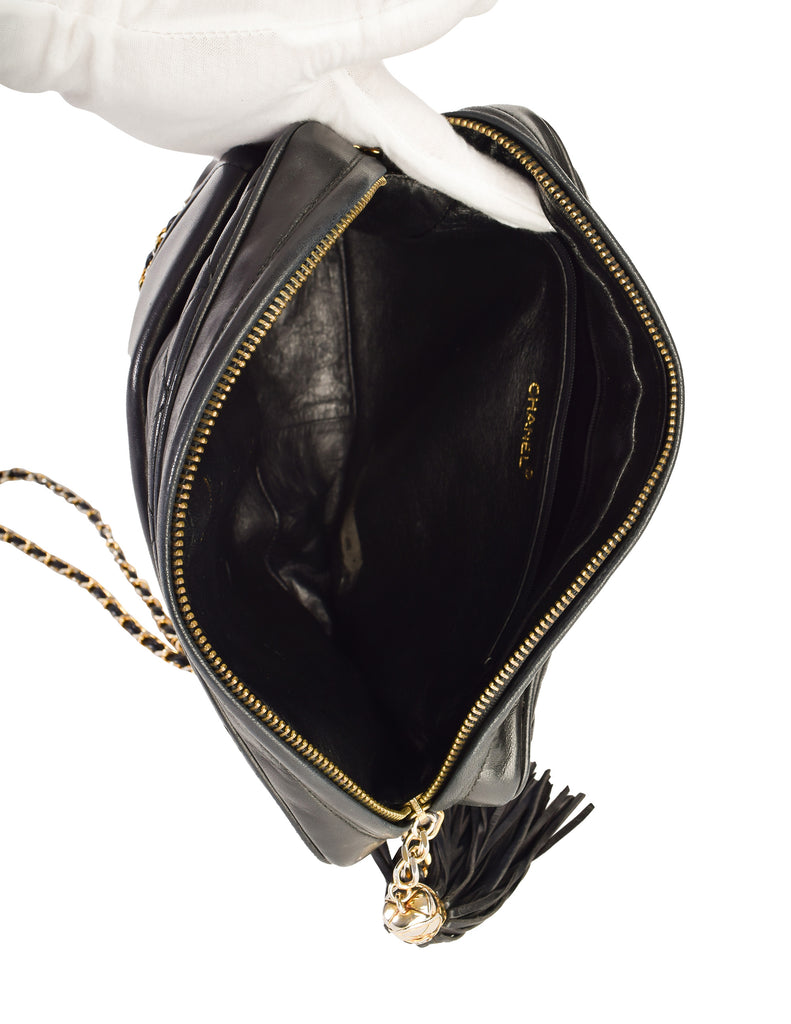 Chanel Vintage Black Matelasse Quilted Lambskin Leather Large CC Logo Tassel  Camera Bag
