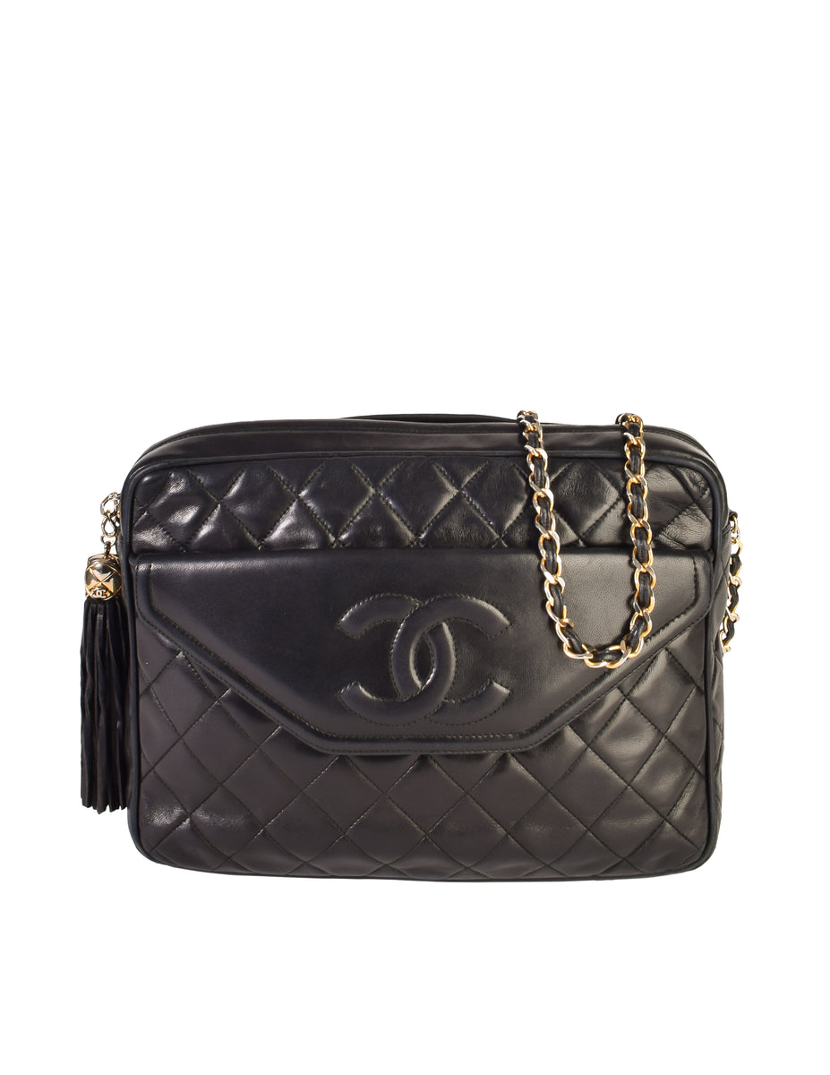 Chanel Vintage Black Matelasse Quilted Lambskin Leather Large CC Logo