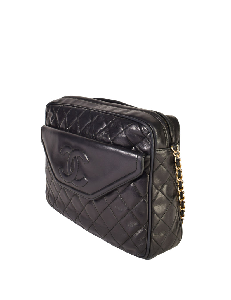 Chanel Vintage Black Matelasse Quilted Lambskin Leather Large CC Logo –  Amarcord Vintage Fashion