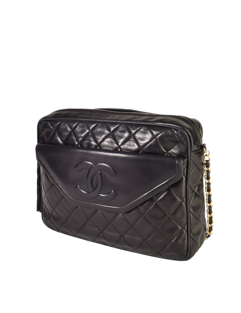 Chanel Vintage Black Matelasse Quilted Lambskin Leather Large CC Logo – Amarcord  Vintage Fashion