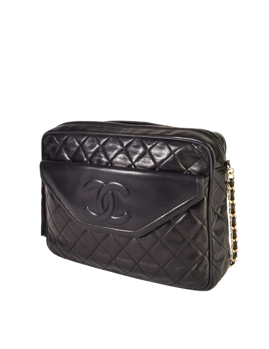 Chanel Vintage Black Matelasse Quilted Lambskin Leather Large CC Logo  Tassel Camera Bag