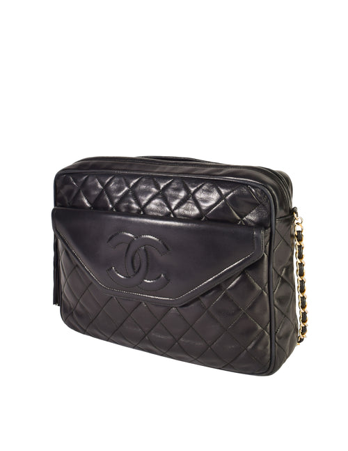 Chanel Vintage Black Matelasse Quilted Lambskin Leather Large CC Logo –  Amarcord Vintage Fashion