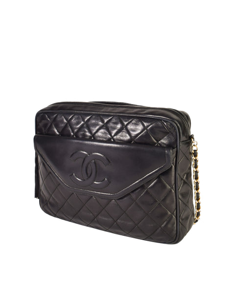 Chanel Vintage Black Matelasse Quilted Lambskin Leather Large CC Logo Tassel Camera Bag