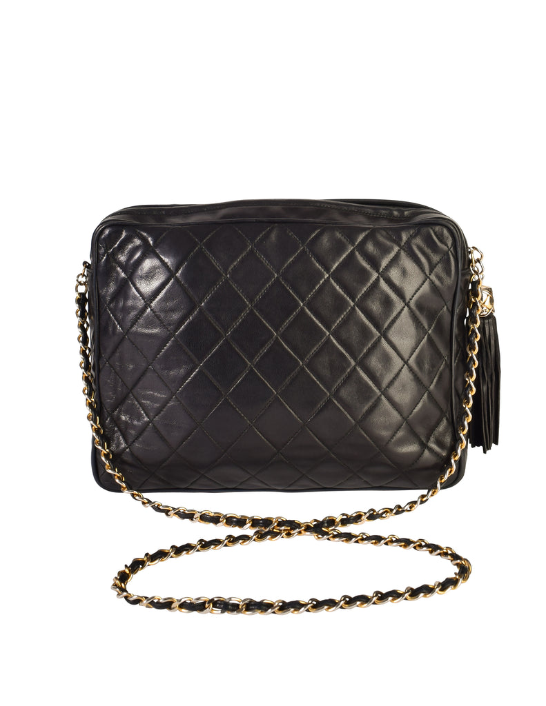 Chanel Vintage Black Matelasse Quilted Lambskin Leather Large CC Logo ...