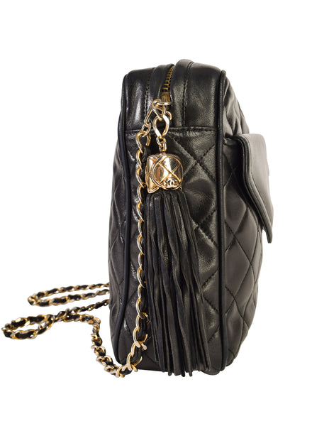 Chanel Vintage Black Matelasse Quilted Lambskin Leather Large CC Logo Tassel Camera Bag