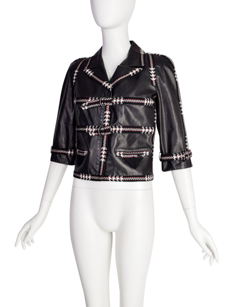 Chanel Vintage AW 2007 Tweed Detail Cropped Black Leather Jacket
