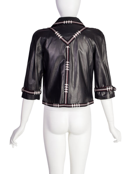 Chanel Vintage AW 2007 Tweed Detail Cropped Black Leather Jacket