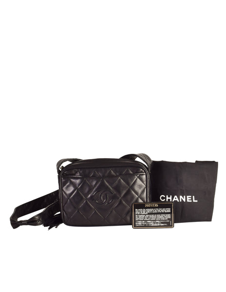 Chanel Vintage 1990s Black Lambskin Quilted Matelasse CC Logo Tassel Small Crossbody Shoulder Bag