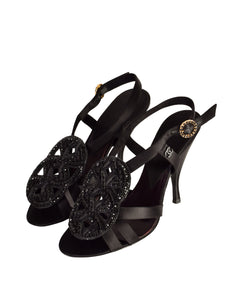 Chanel Vintage 1980s Ultra Rare Black Embroidered Beaded Satin Strappy Heels