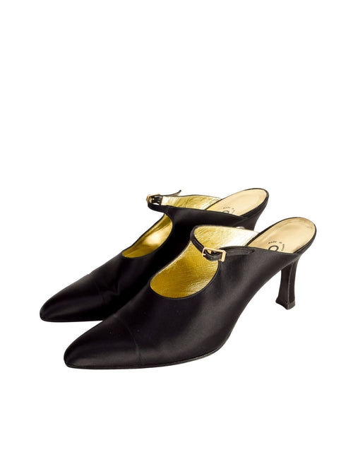 Chanel Vintage Black Satin Mary Jane Mule Heels Amarcord Vintage