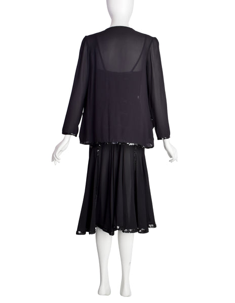 Chanel Vintage AW 1983 Rare Black Pleated Silk Sequin Dress and Jacket Ensemble Set