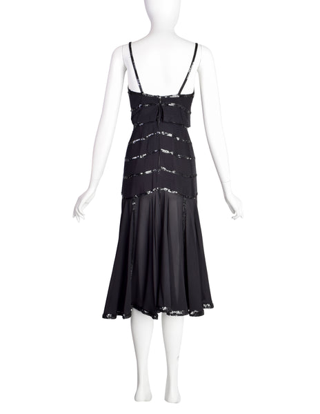 Chanel Vintage AW 1983 Rare Black Pleated Silk Sequin Dress and Jacket Ensemble Set