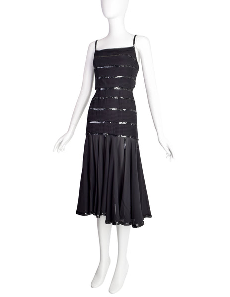 Chanel Vintage AW 1983 Rare Black Pleated Silk Sequin Dress and Jacket Ensemble Set