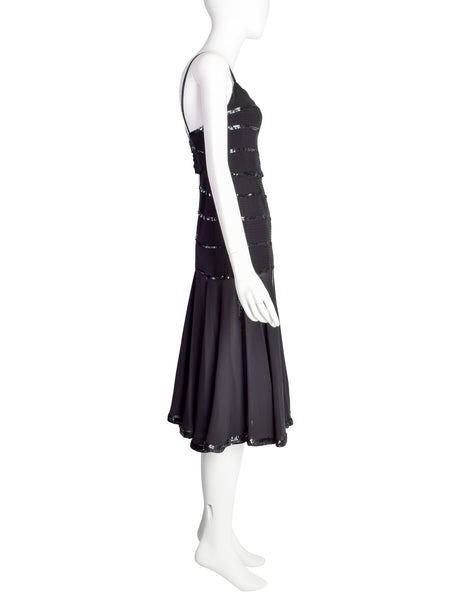 Chanel Vintage AW 1983 Rare Black Pleated Silk Sequin Dress and Jacket Ensemble Set