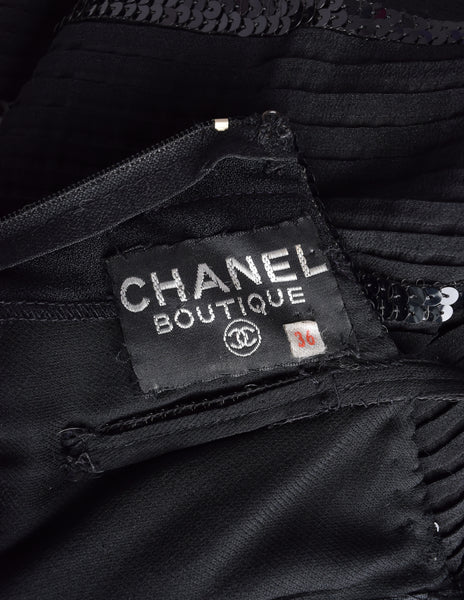 Chanel Vintage AW 1983 Rare Black Pleated Silk Sequin Dress and Jacket Ensemble Set