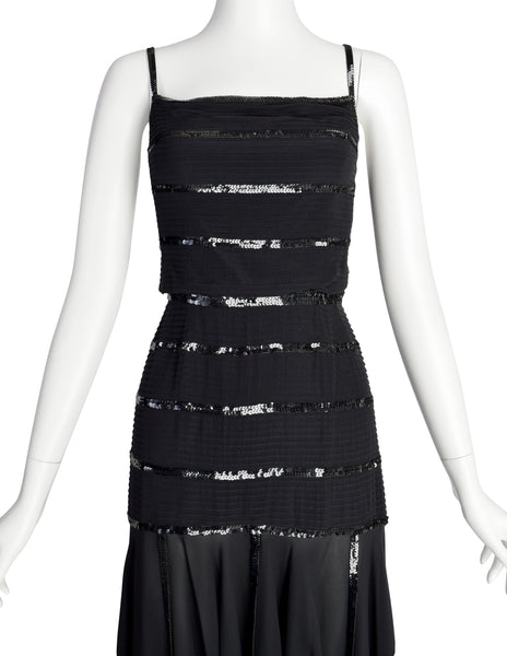 Chanel Vintage AW 1983 Rare Black Pleated Silk Sequin Dress and Jacket Ensemble Set