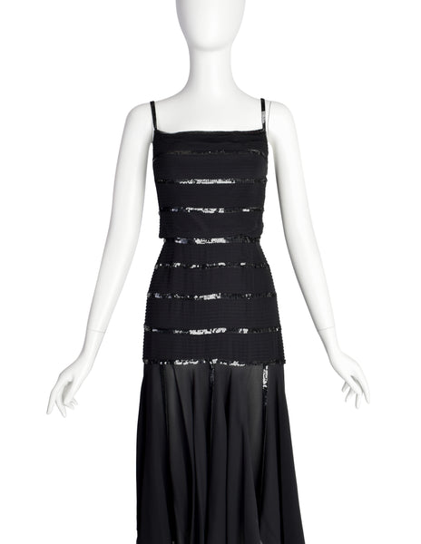 Chanel Vintage AW 1983 Rare Black Pleated Silk Sequin Dress and Jacket Ensemble Set