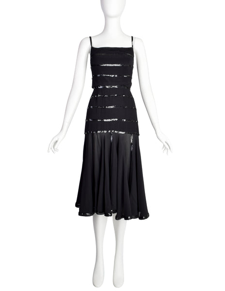 Chanel Vintage AW 1983 Rare Black Pleated Silk Sequin Dress and Jacket Ensemble Set