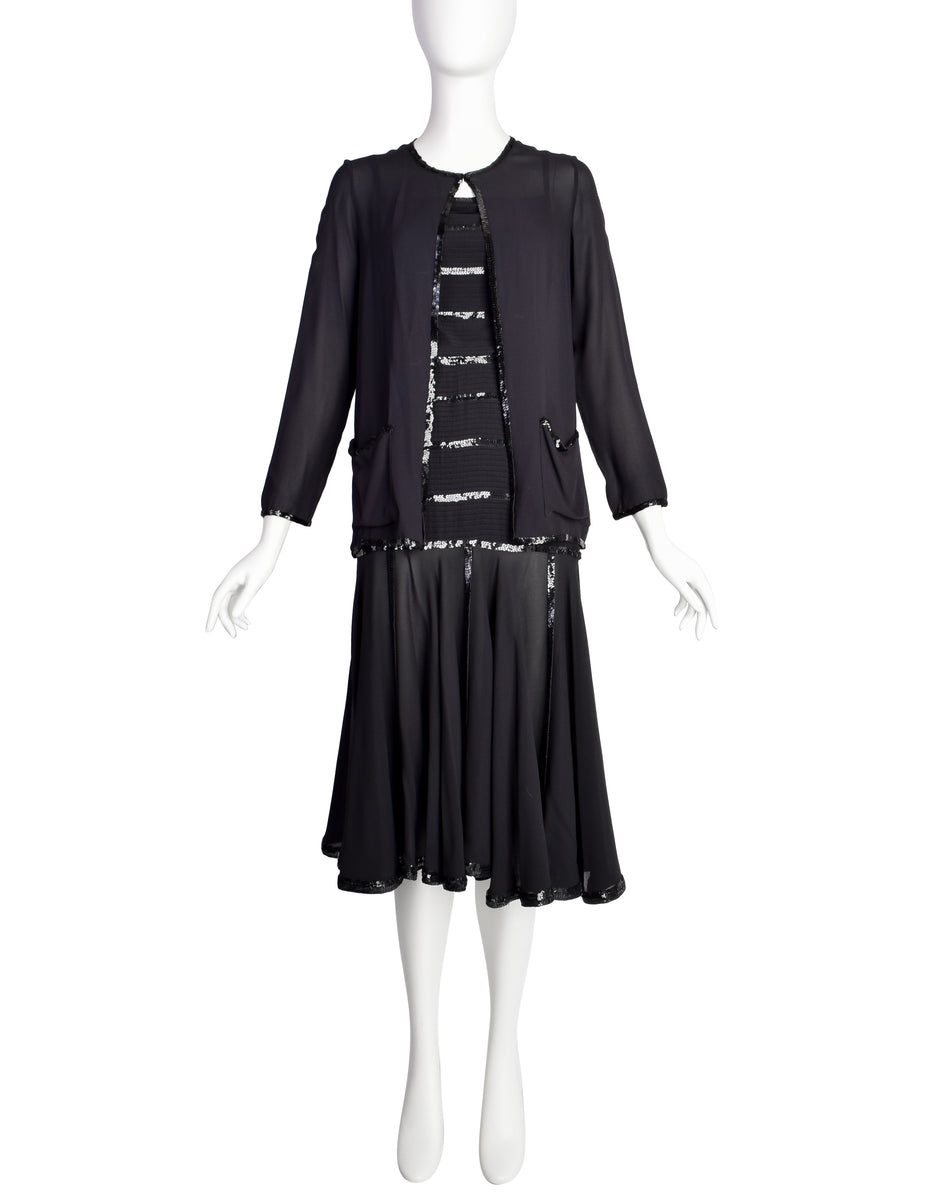 Vintage Chanel Sequin Black Tie Sheath Gown & Bolero Set – Recess