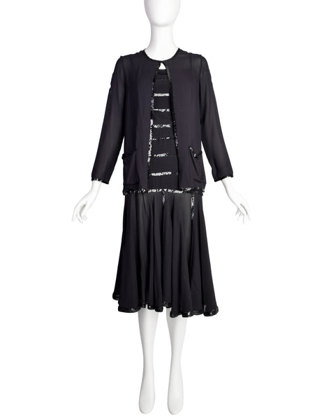 Chanel Vintage AW 1983 Rare Black Pleated Silk Sequin Dress and Jacket Ensemble Set