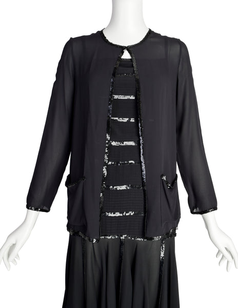 Chanel Vintage AW 1983 Rare Black Pleated Silk Sequin Dress and Jacket Ensemble Set