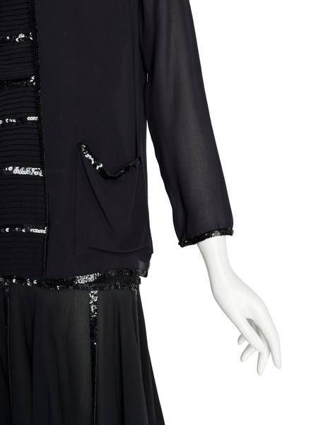 Chanel Vintage AW 1983 Rare Black Pleated Silk Sequin Dress and Jacket Ensemble Set