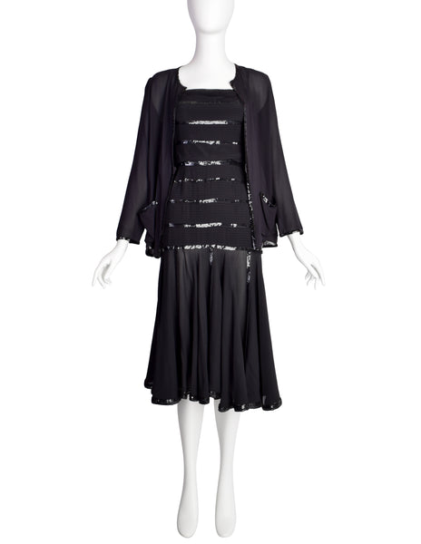 Chanel Vintage AW 1983 Rare Black Pleated Silk Sequin Dress and Jacket Ensemble Set
