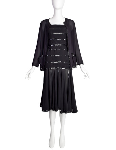 Chanel Vintage AW 1983 Rare Black Pleated Silk Sequin Dress and Jacket Ensemble Set