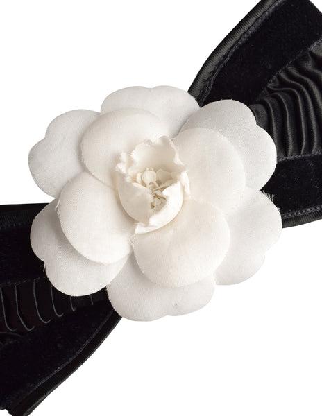 Chanel Vintage White Camellia Black Pleated Velvet Satin Choker Necklace