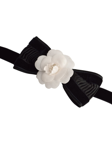 Chanel Vintage White Camellia Black Pleated Velvet Satin Choker Necklace